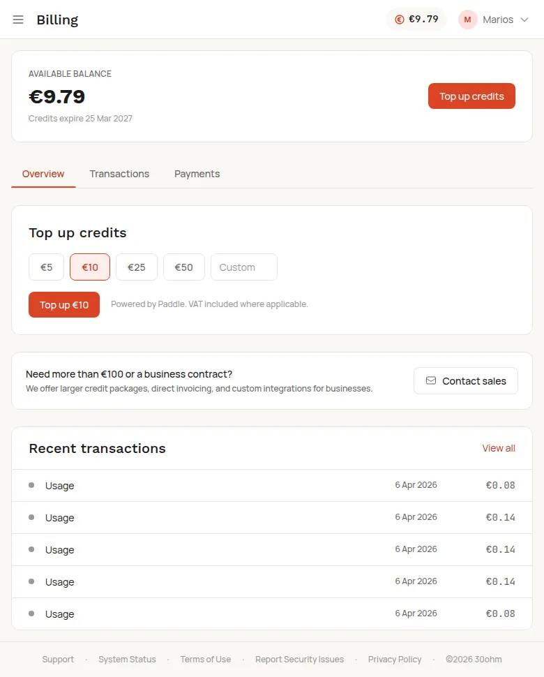 Billing page showing credit balance, top-up options, and recent transactions