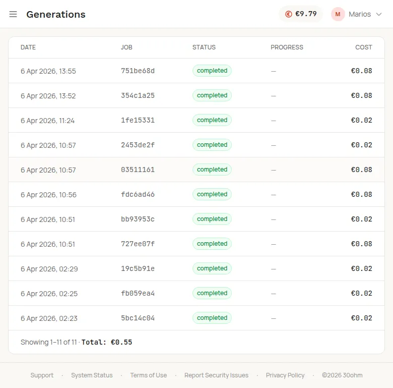 Generations page showing a table of past generations with date, job ID, status, and cost