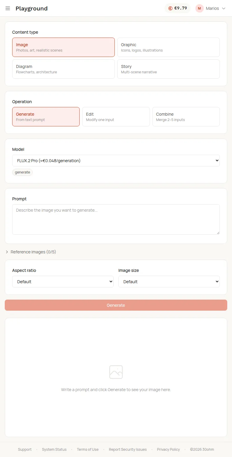 Playground page showing content type selector, operation buttons, model picker, prompt input, and preview area