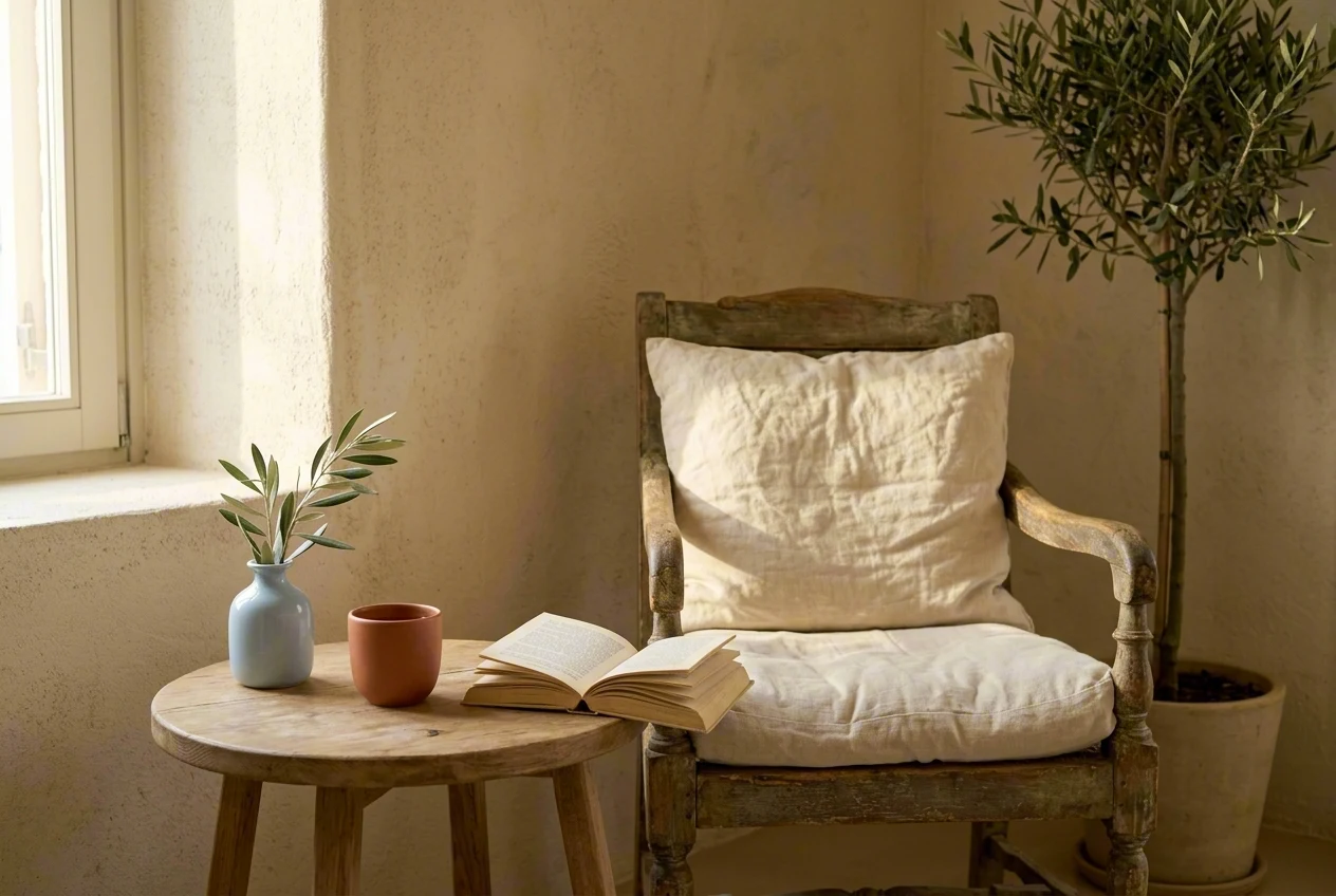 Lobby reading corner with antique chair and olive tree