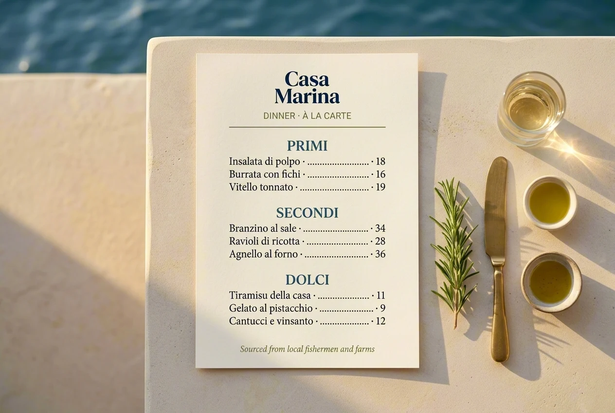 Casa Marina dinner menu on a limestone terrace table with rosemary, olive oil, and wine glass