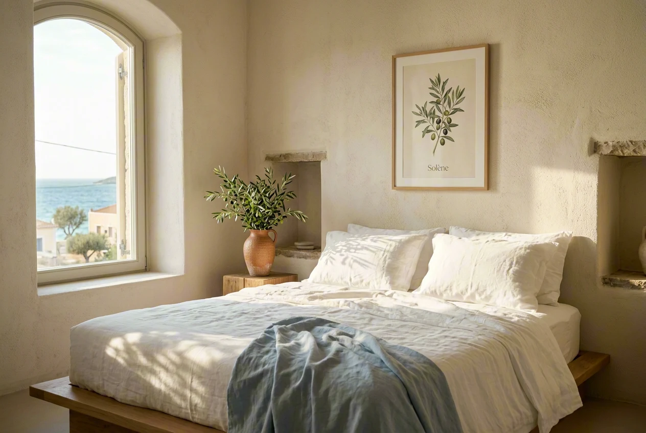 Hotel room with white linens and Aegean sea view