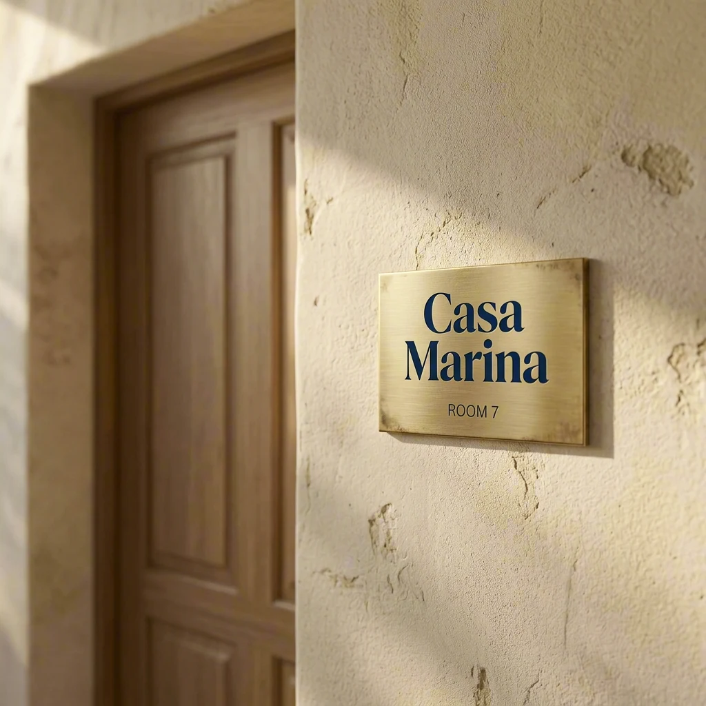 Brass room signage plate with Casa Marina engraved