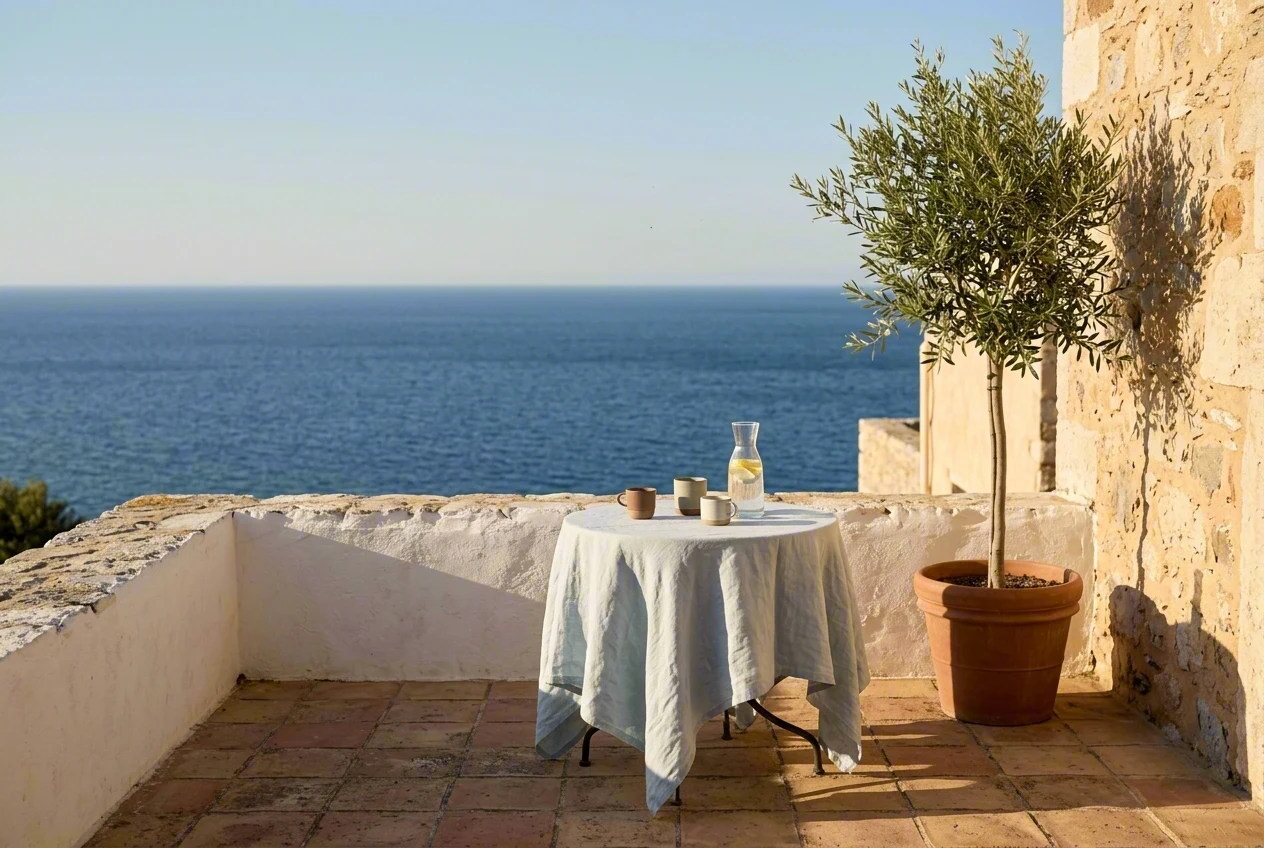Hotel terrace overlooking the Aegean at golden hour