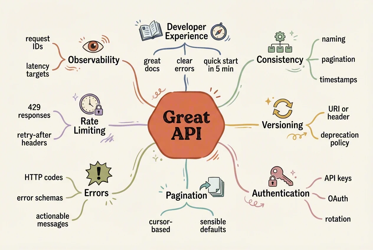 Mind map: what makes a great API, with eight branches and hand-drawn icons