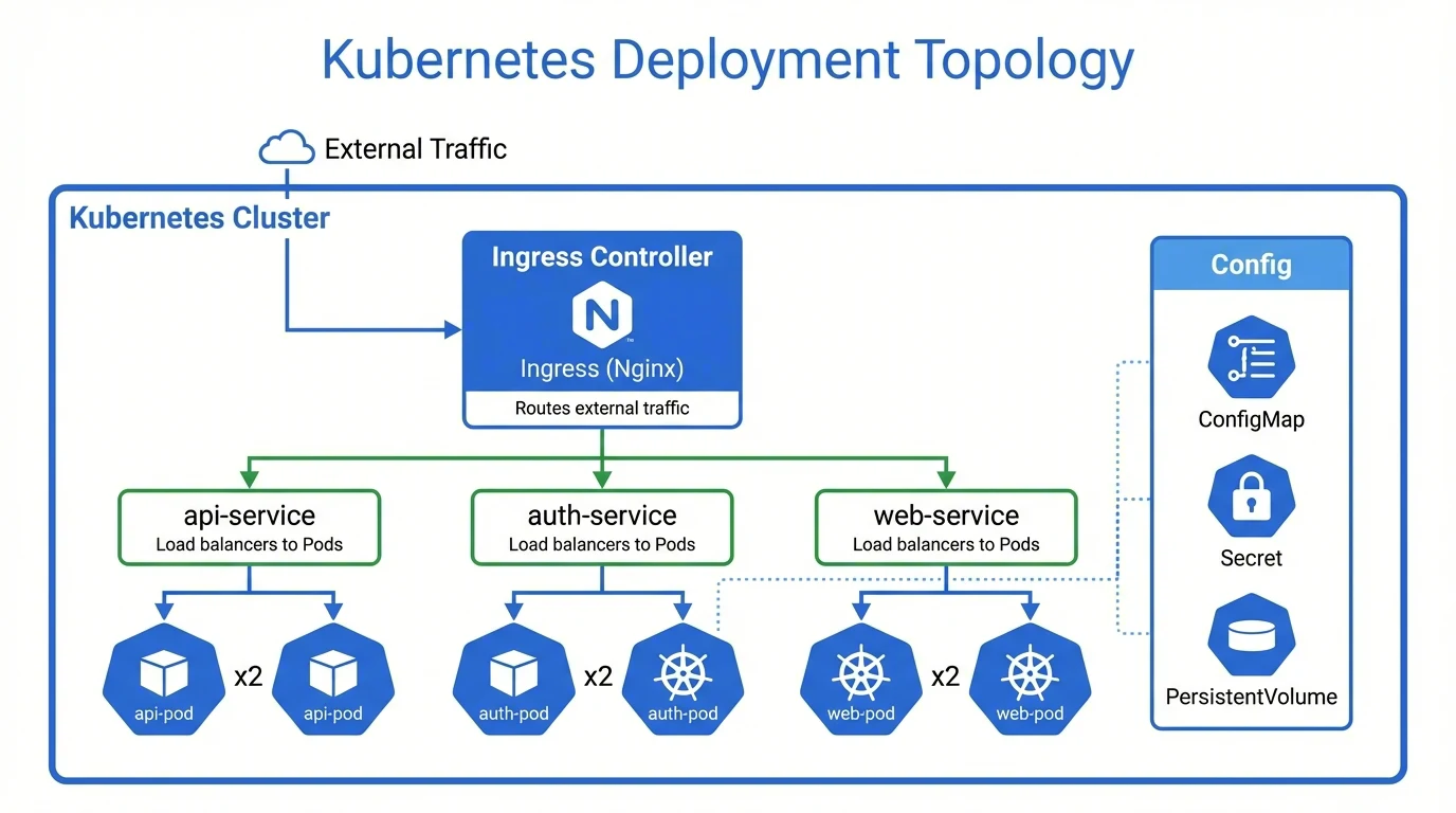 Kubernetes deployment topology with ingress, services, and replicated pods