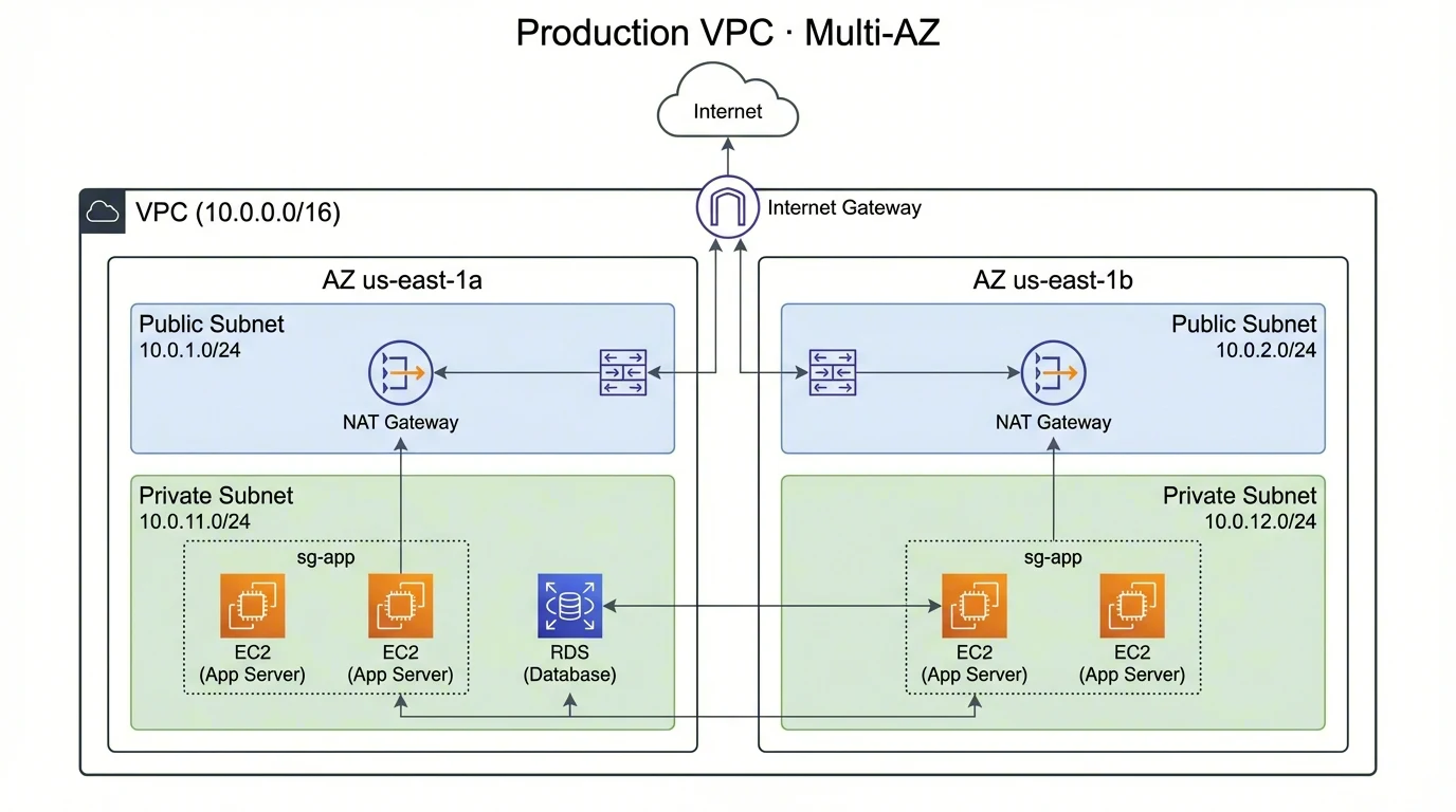 Production VPC with multi-AZ public/private subnets, NAT gateways, EC2, and RDS
