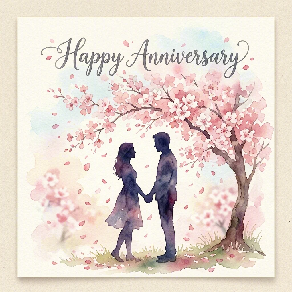 Anniversary card with a couple beneath cherry blossoms
