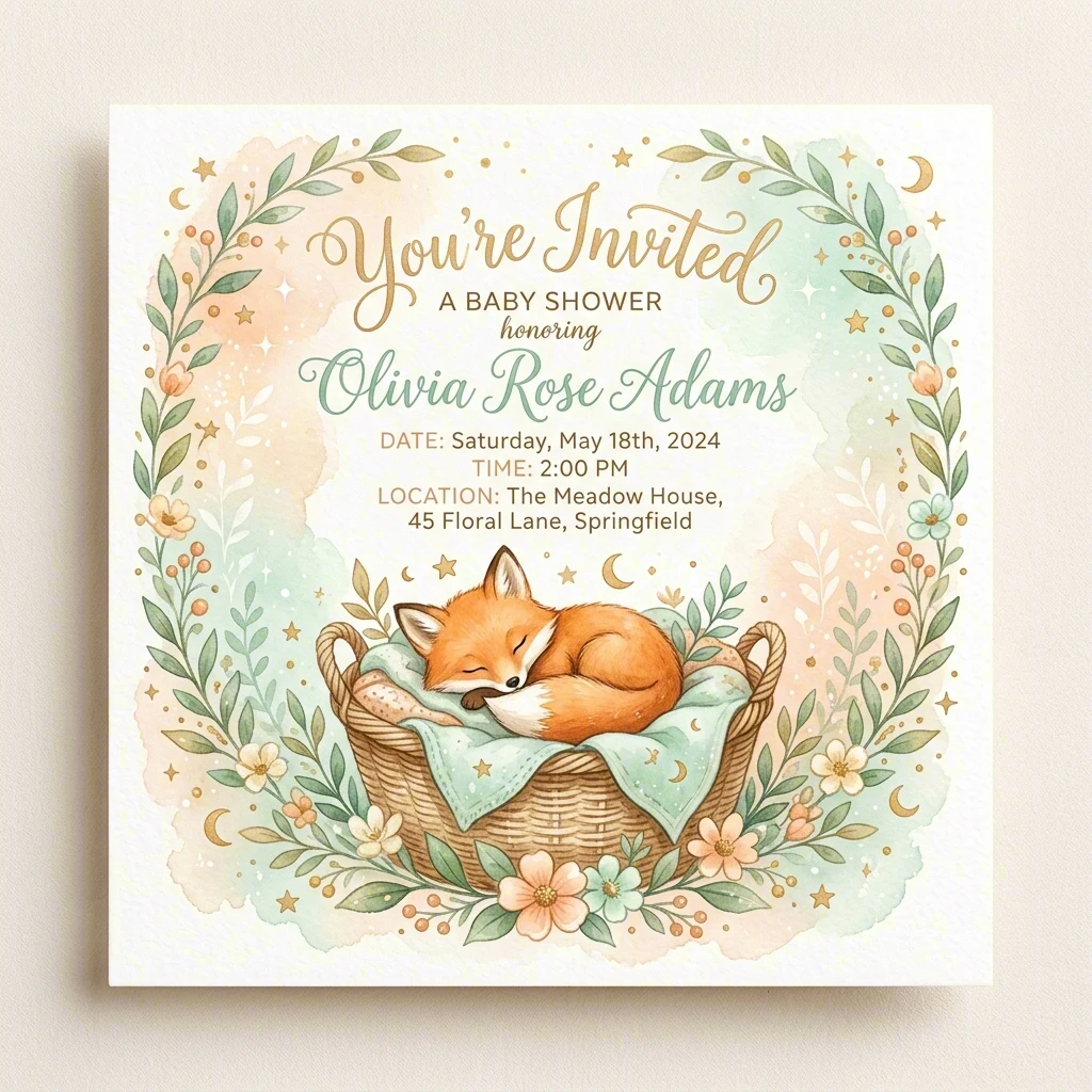 Baby shower invitation with a sleeping fox