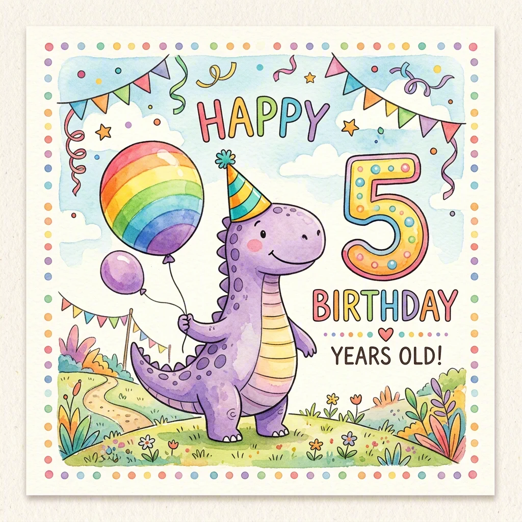 Kid's birthday card with a purple dinosaur and rainbow balloon