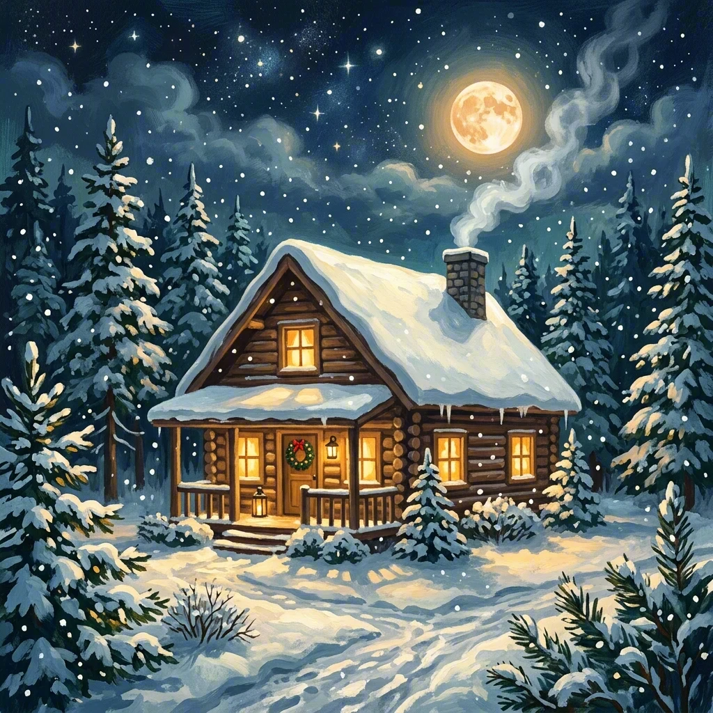 Holiday card illustration of a cozy cabin at night