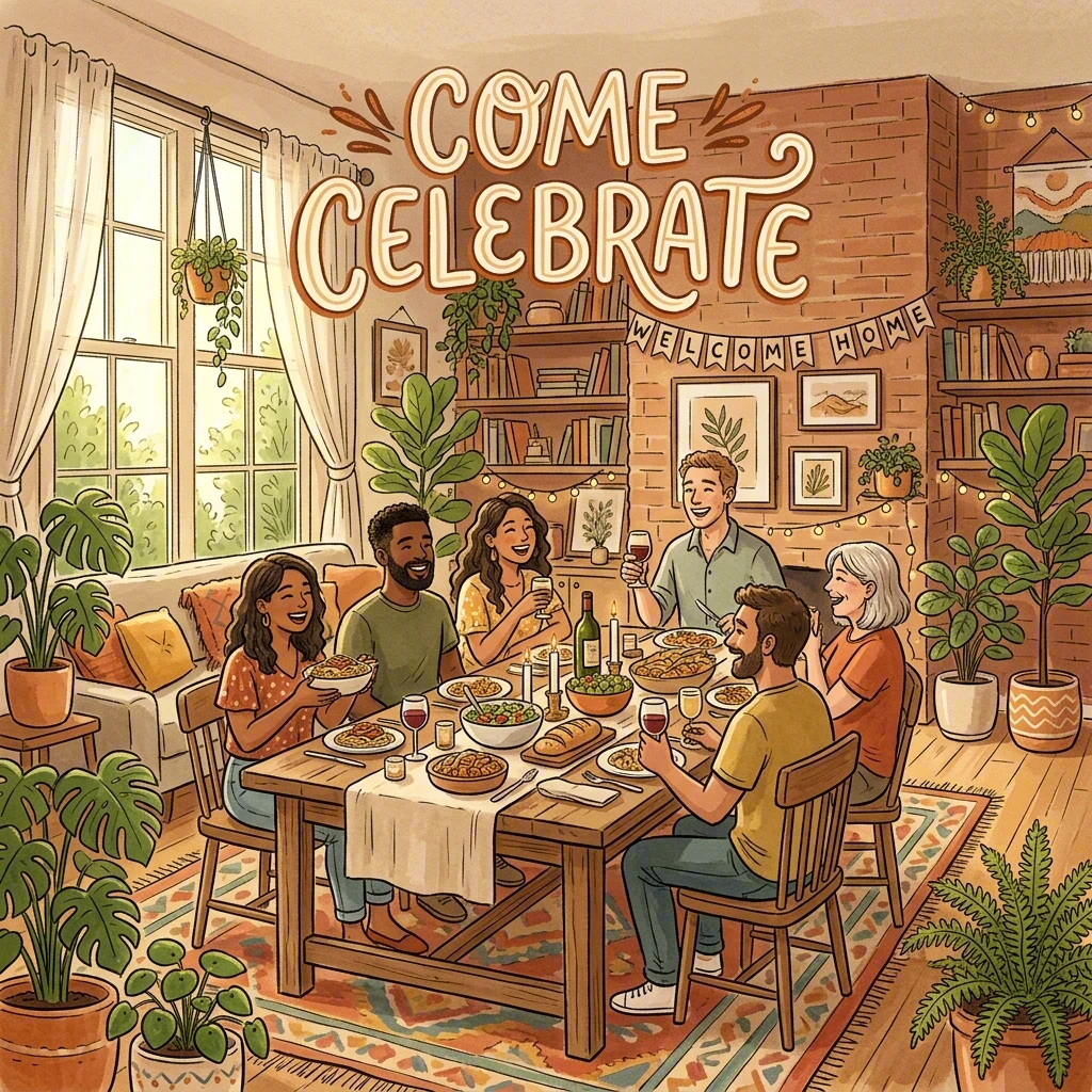 Housewarming party invitation with friends around a table