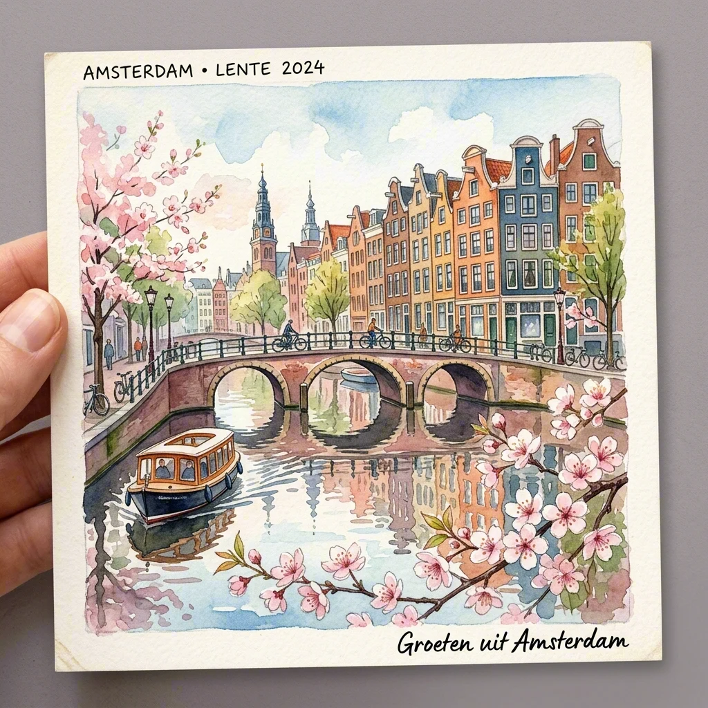 Watercolor postcard of an Amsterdam canal