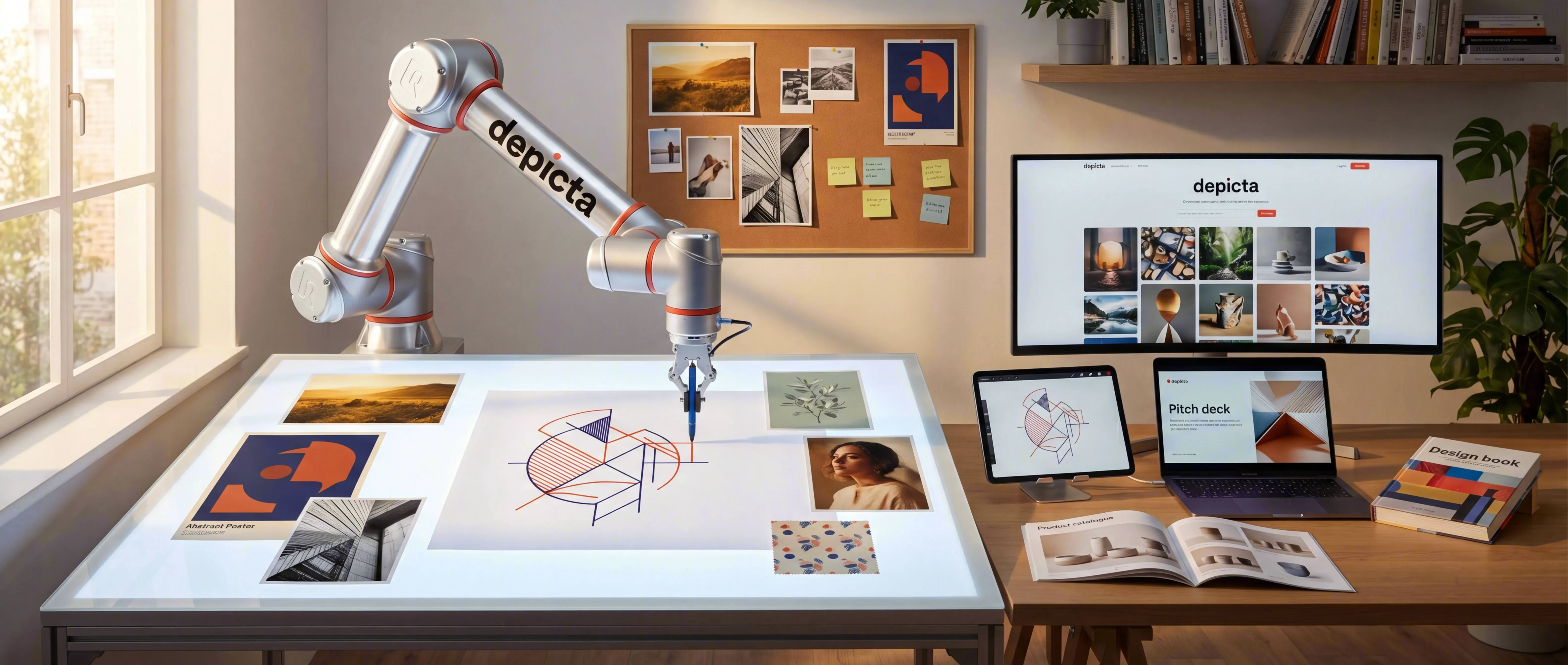 A sleek silver industrial robotic arm branded with the Depicta wordmark, actively drawing an abstract geometric illustration on a backlit white worktable scattered with printed photographs, beside an ultrawide monitor showing the Depicta website, a laptop, a tablet, an open product catalogue and a design book