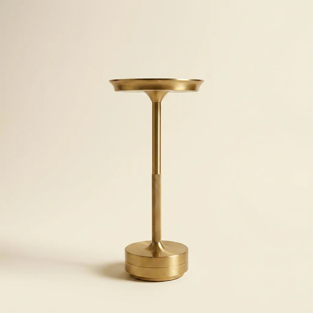 Brass cordless tabletop LED lamp on a cream studio backdrop
