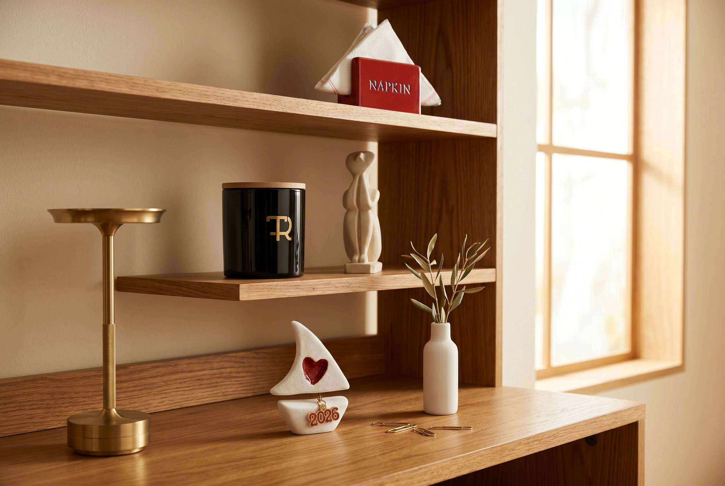 Three-tier open shelving vignette: NAPKIN holder on the top shelf, TR candle and stone sculpture on the middle shelf, brass lamp and sailboat and olive sprig on the lower console surface