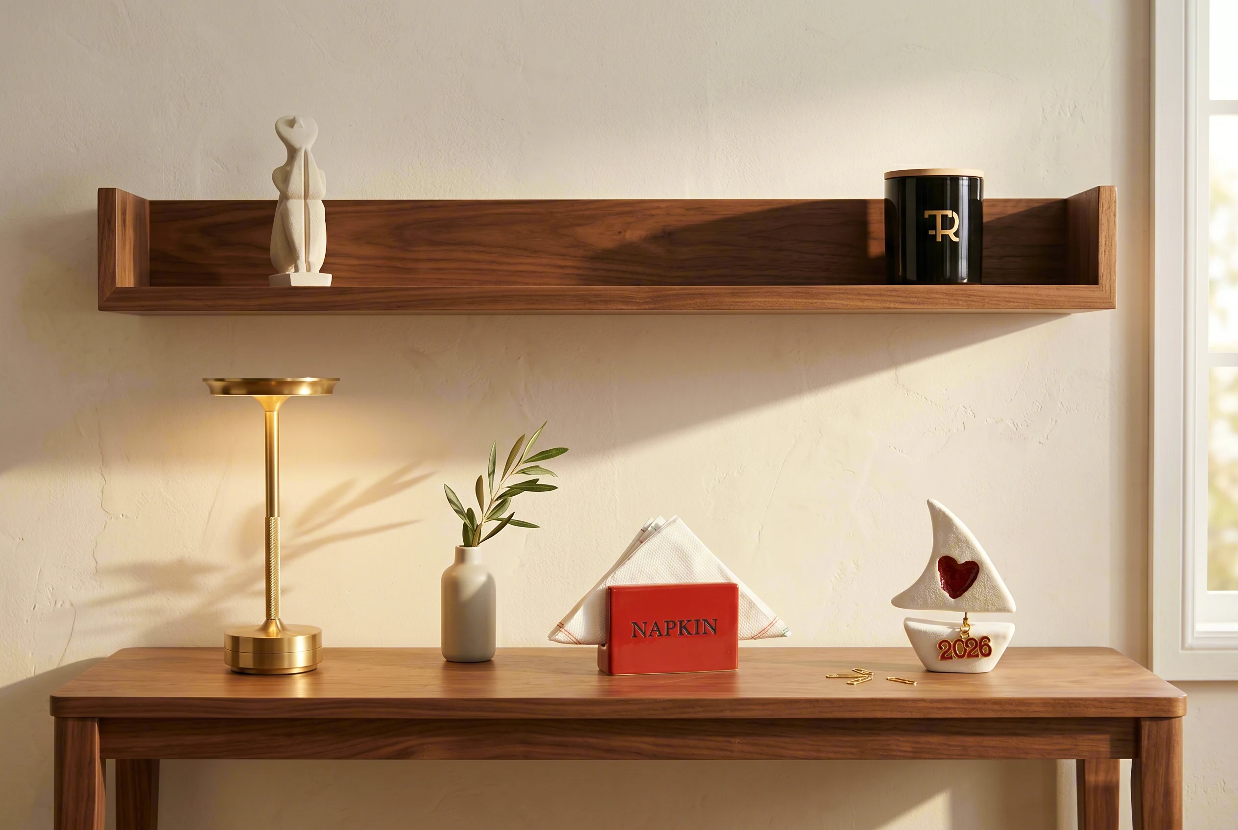 Warm walnut sideboard vignette with an open shelf above: stone sculpture and TR candle on the shelf, brass lamp and sailboat and olive sprig vase and NAPKIN holder distributed across the sideboard below