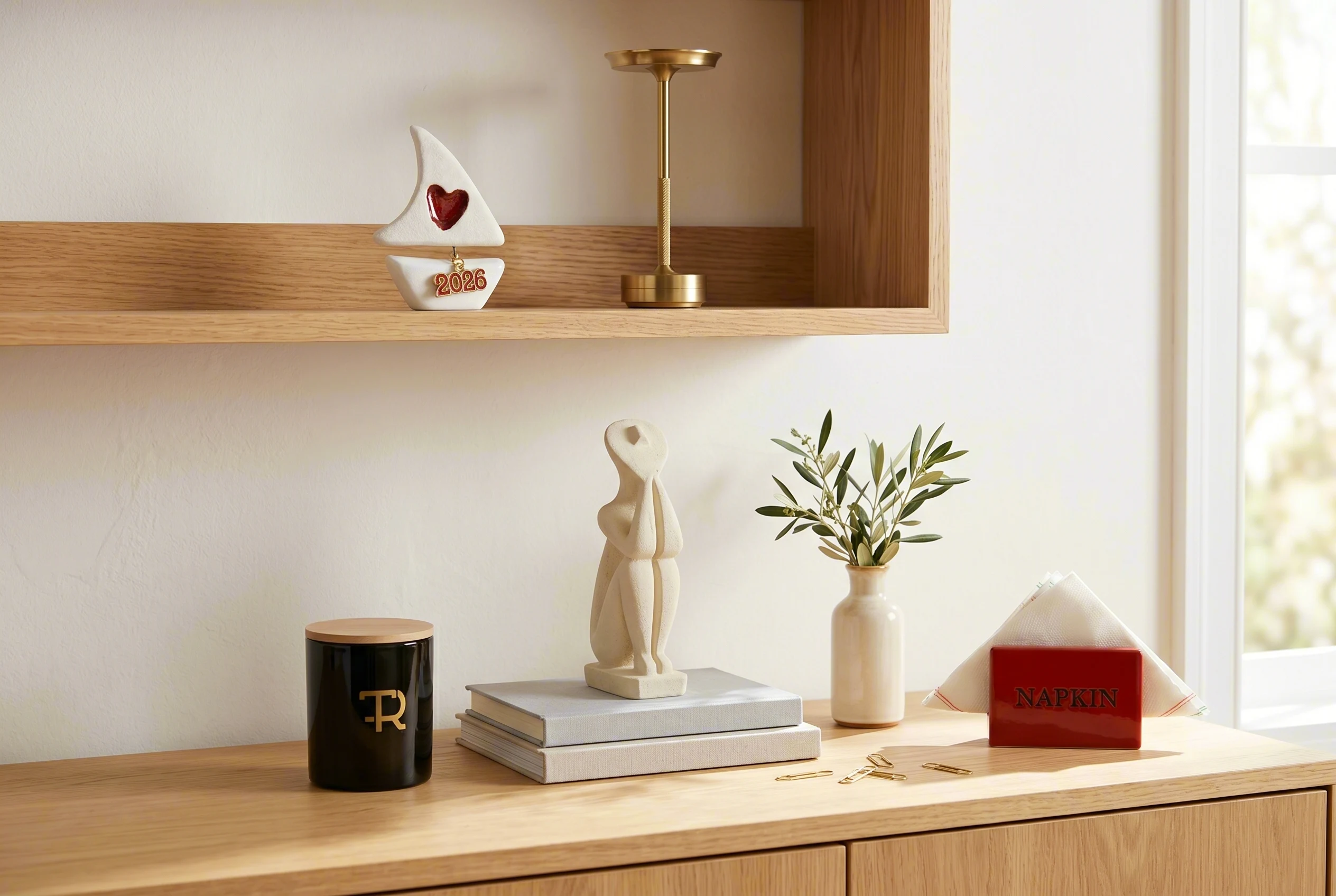 Scandi IKEA-catalogue vignette: oak shelf with sailboat and brass lamp, console below with TR candle, cream stone sculpture on stacked books, olive sprig in a cream vase, and NAPKIN holder