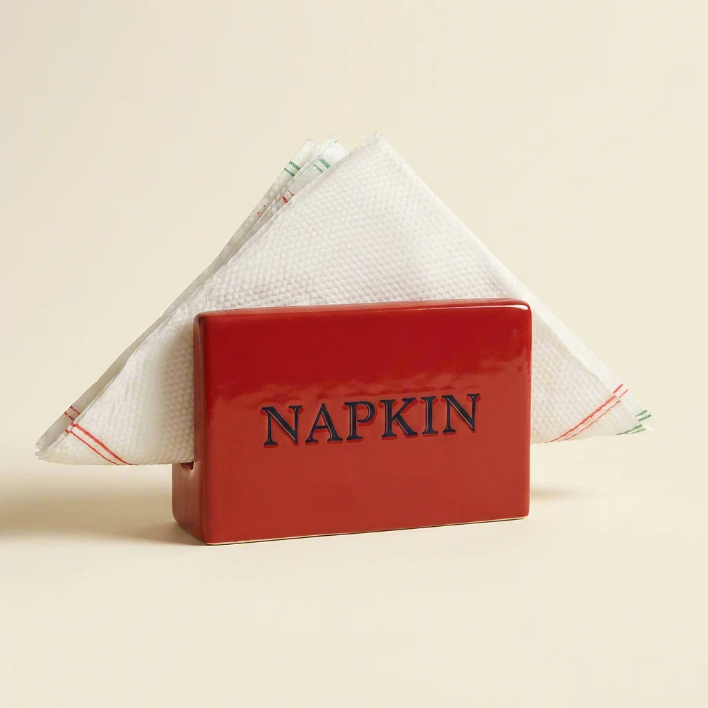 Red ceramic napkin holder with serif NAPKIN text on a cream studio backdrop