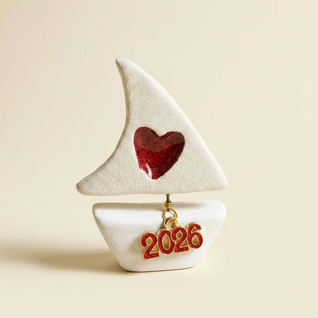 Wooden sailboat keepsake with the year 2026 on a cream studio backdrop