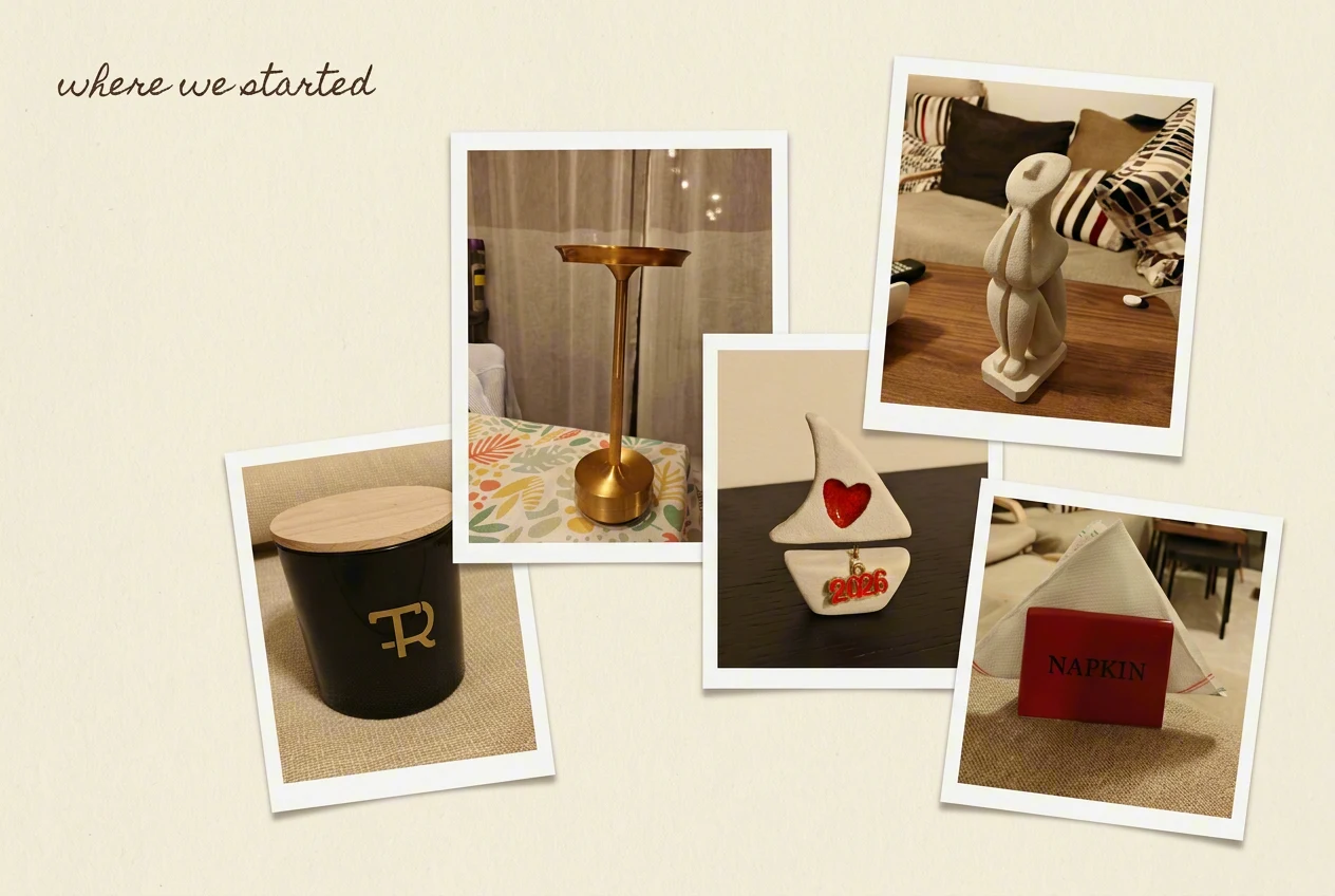 Polaroid-style moodboard of five real household phone photos with a handwritten "where we started" label