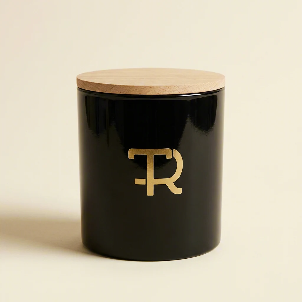 Black pillar candle with a gold TR monogram on a cream studio backdrop