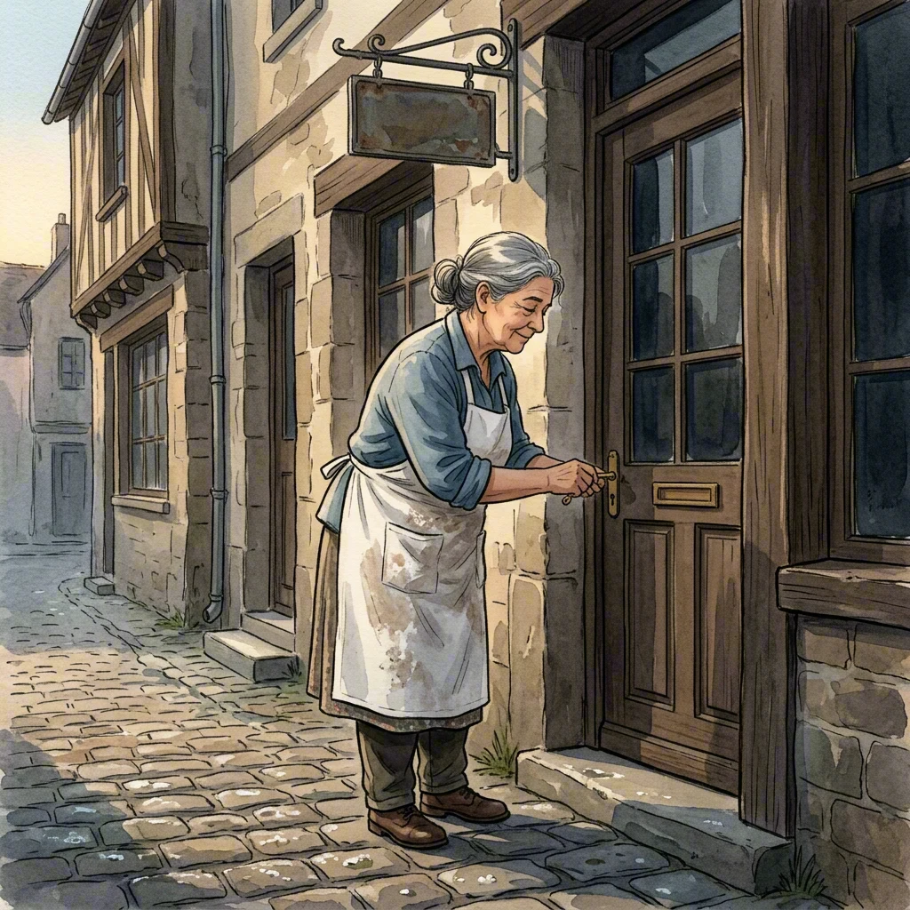 Baker Elena unlocking the bakery door at dawn