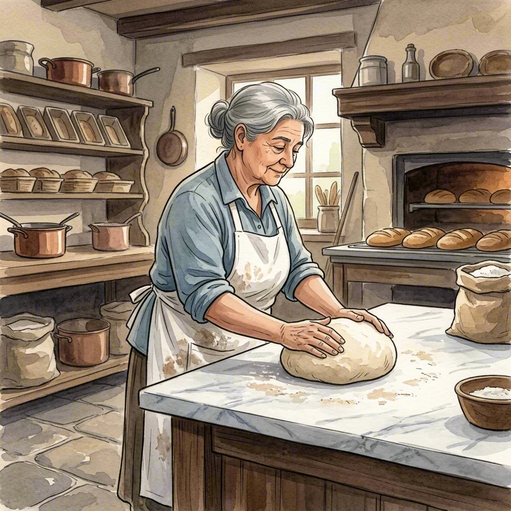 Baker Elena kneading dough in the bakery
