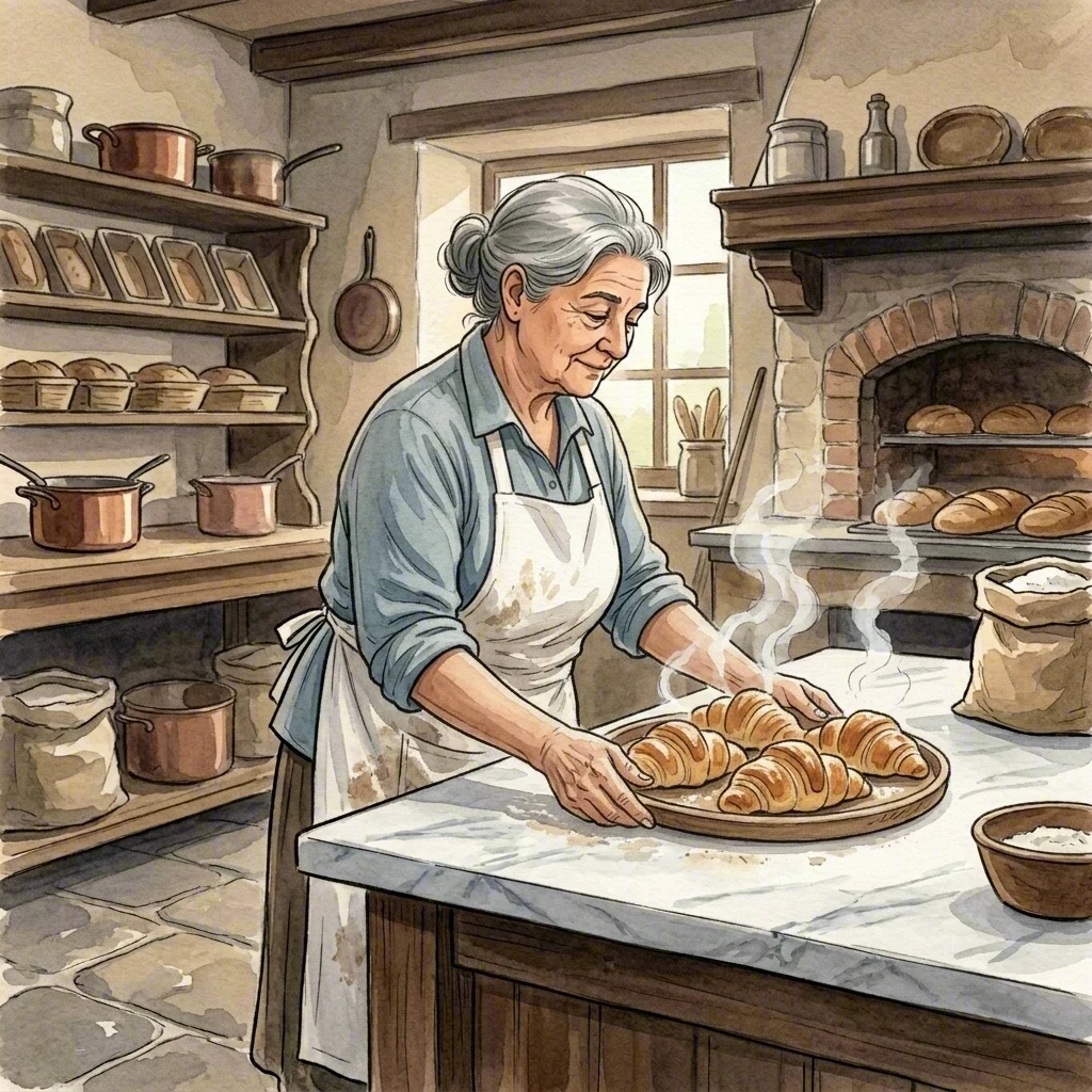 Tray of fresh croissants sliding into a basket