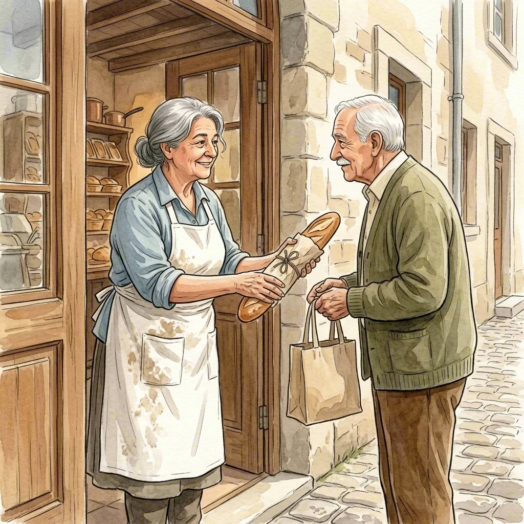 Elena greets the first customer in morning sun