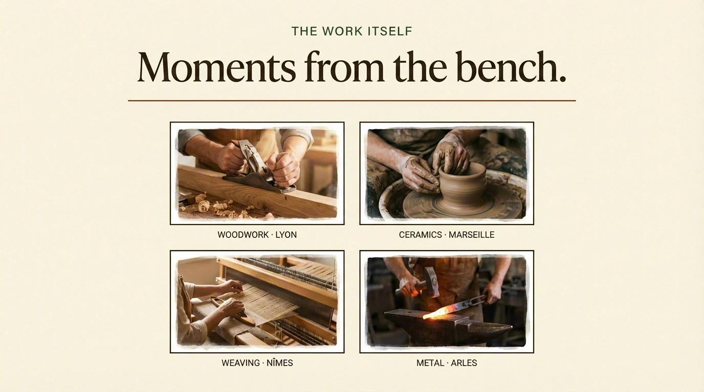 Moments from the bench: 2x2 grid showing woodwork, ceramics, weaving, metalwork