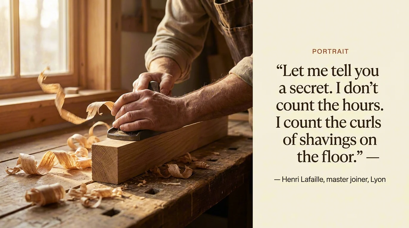 Photo slide: woodworker hands planing oak with pull quote