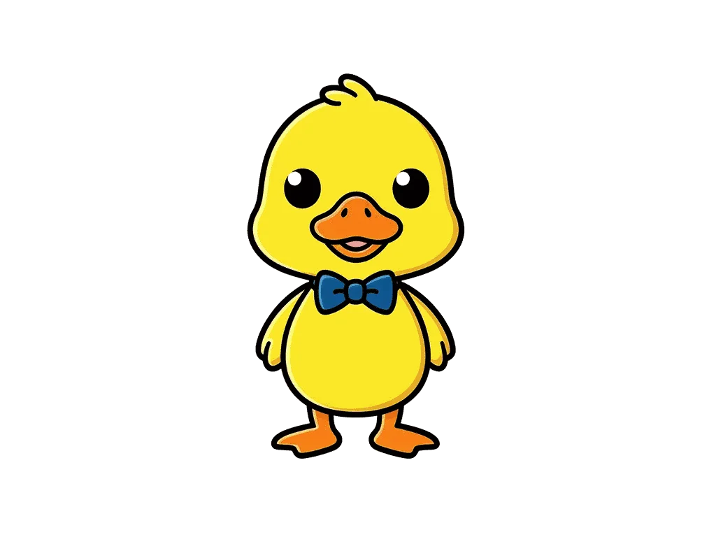 The same cartoon duck with white pixels converted to transparent via color-to-alpha, with clean anti-aliased edges