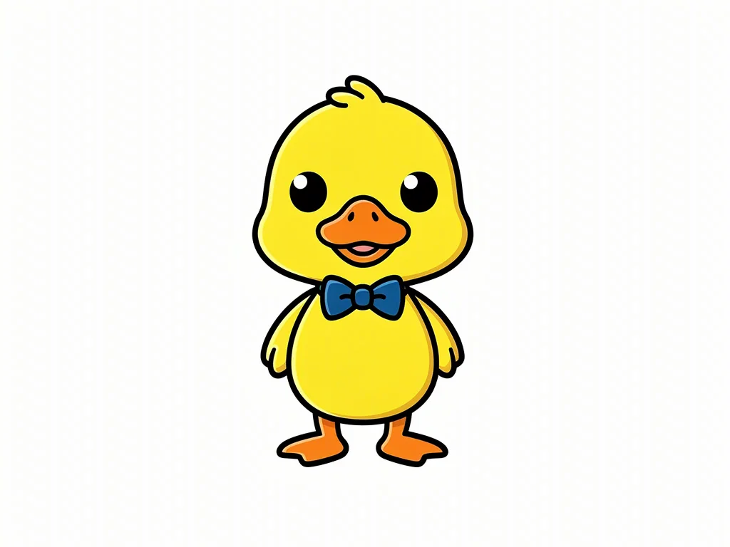 A flat-vector illustration of a cute yellow cartoon duck with an orange beak and a small blue bowtie, on a pure white background