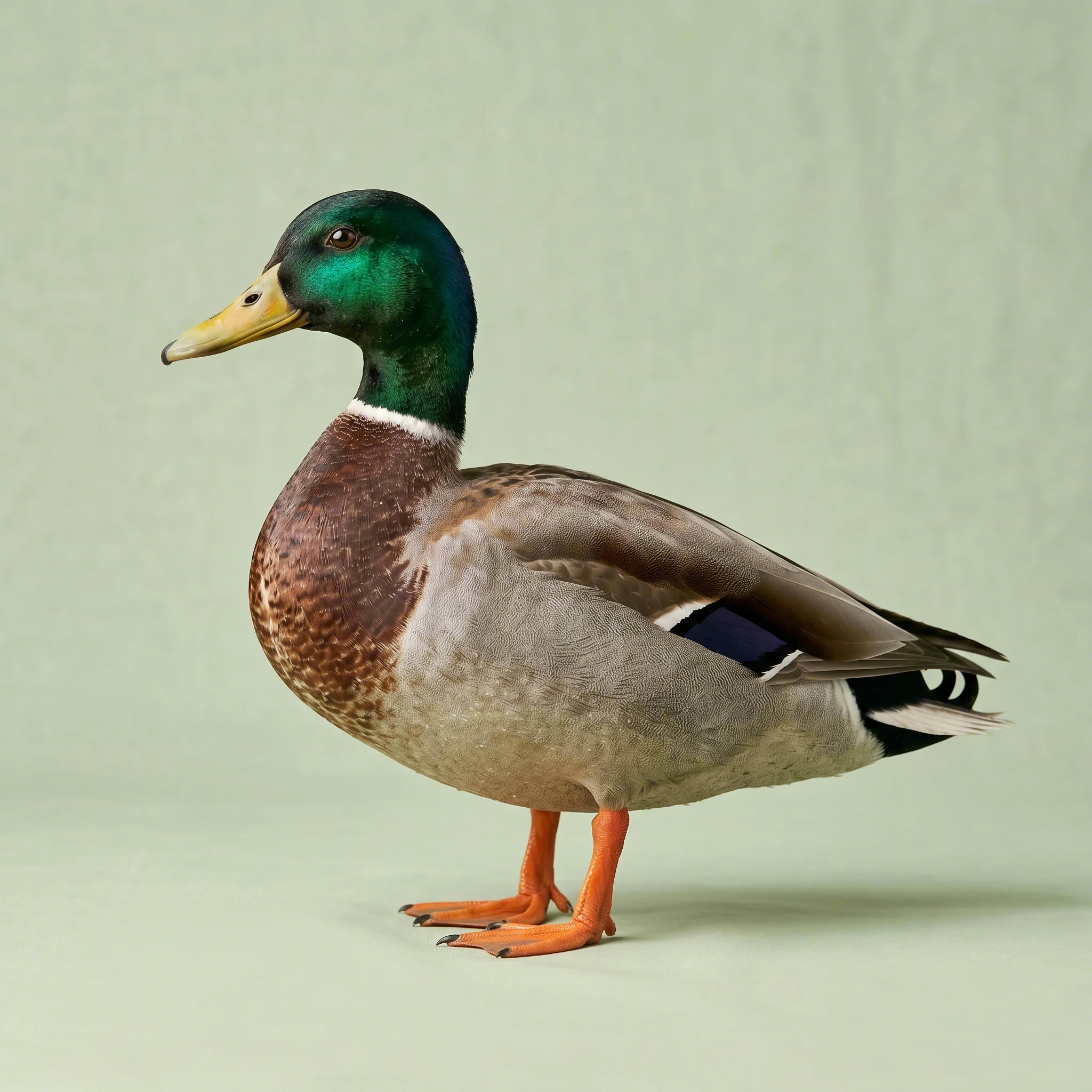 A studio portrait photograph of a male mallard duck with iridescent green head, standing on a pale sage seamless studio backdrop