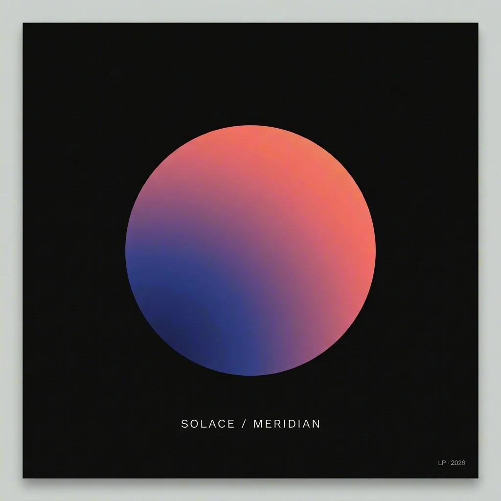 Minimal electronic album cover with indigo-to-coral gradient circle on black