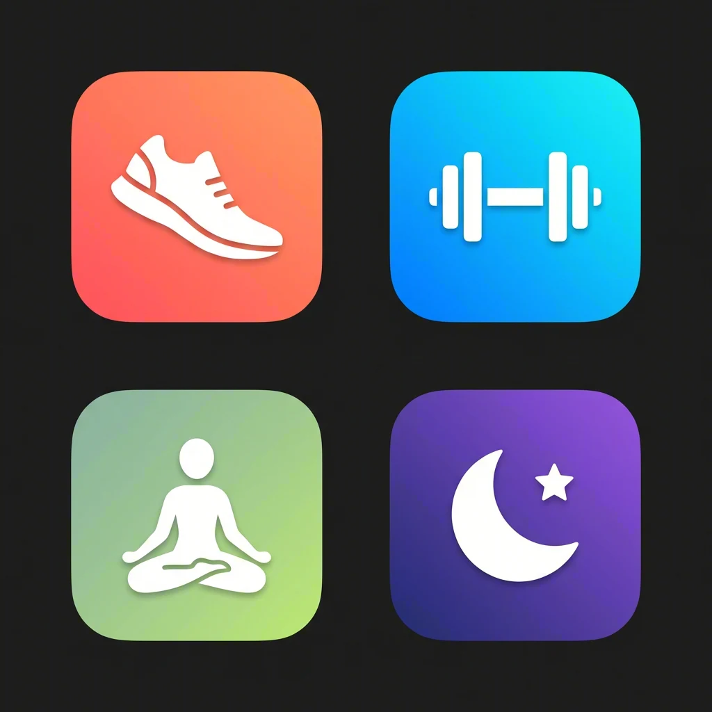 Grid of 4 iOS fitness app icons in coral, blue, sage, and purple