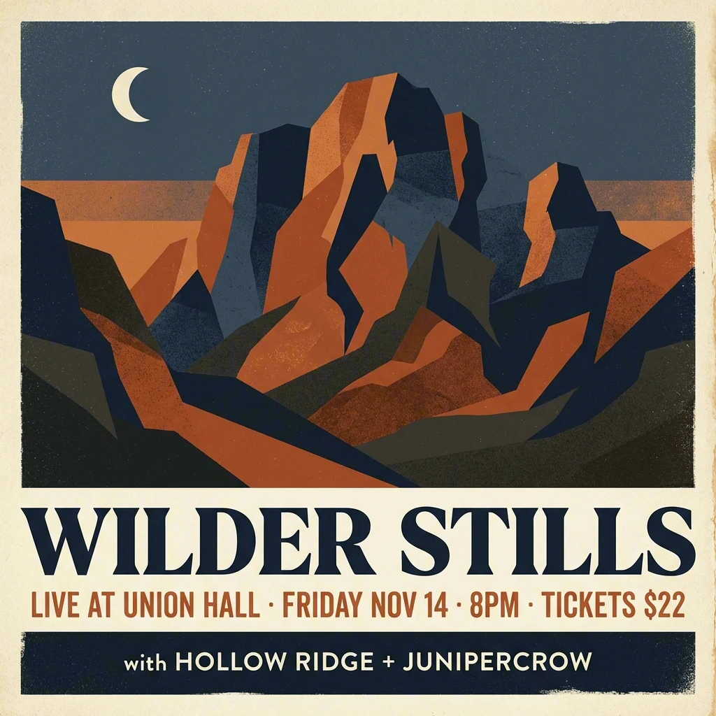 Wilder Stills indie rock concert poster with mountain illustration