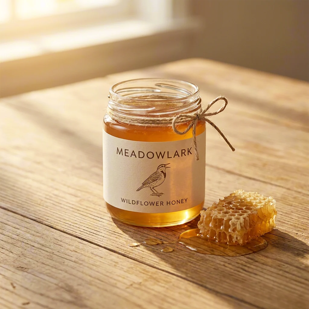 Meadowlark Apiary wildflower honey jar with minimal label
