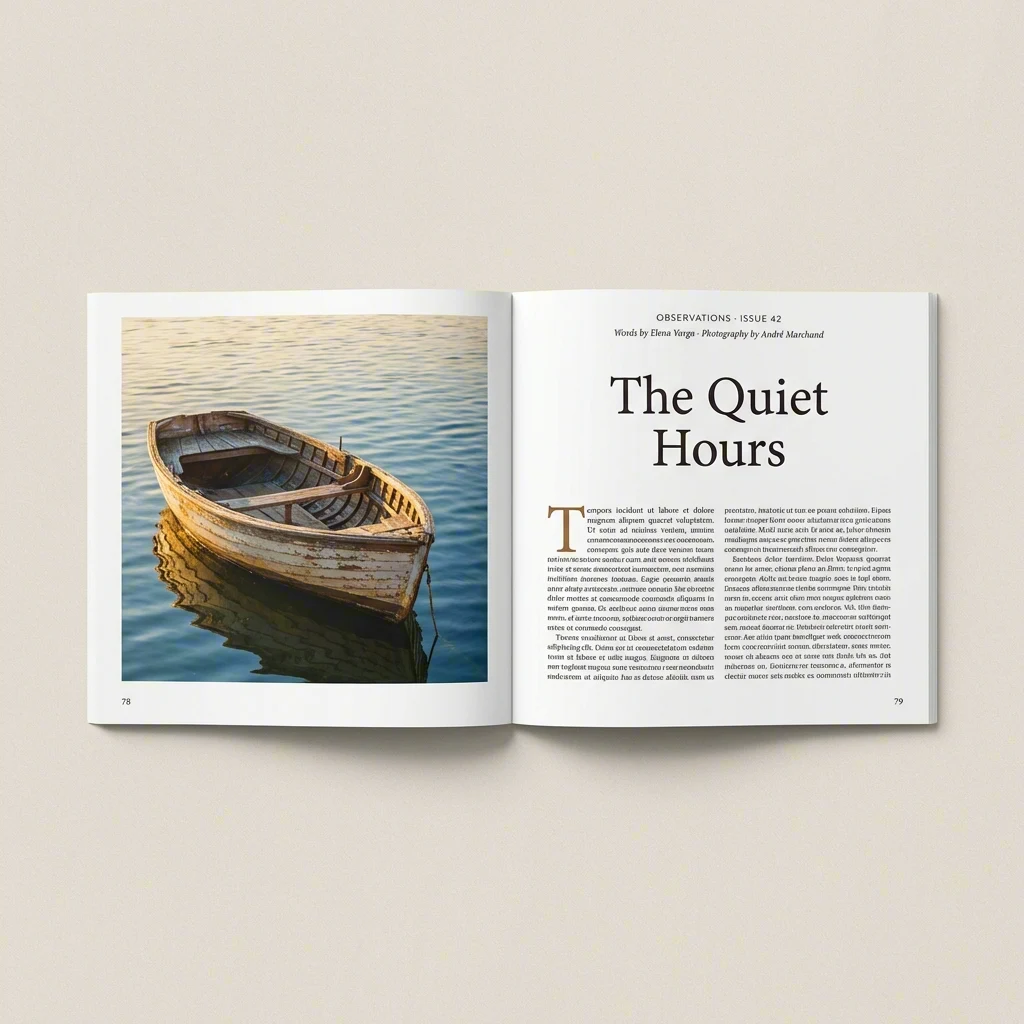 Editorial magazine spread: The Quiet Hours, wooden boat photograph