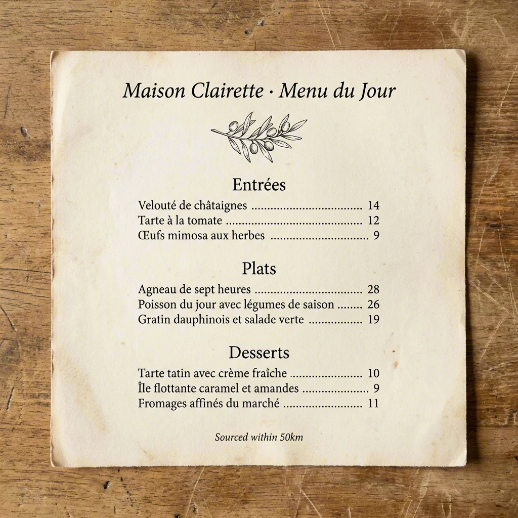 Maison Clairette French restaurant menu design on cream paper
