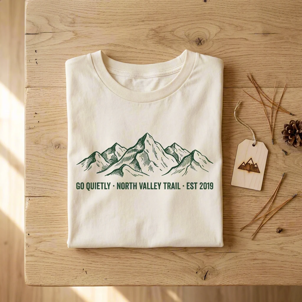 Cream t-shirt with forest green mountain print, go quietly