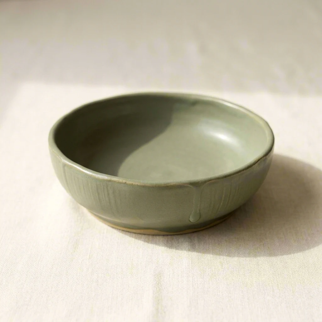 Shallow sage green stoneware serving bowl