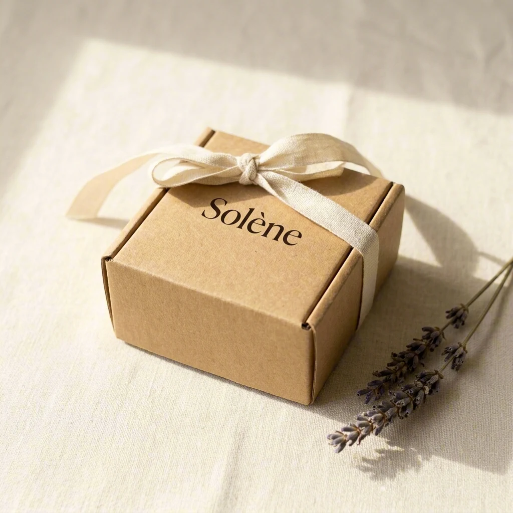 Kraft gift box with stamped Solène wordmark