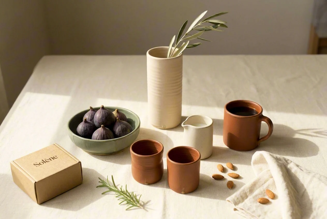 Styled still-life of the full Solène ceramic collection on cream linen with fresh olive branch, figs, and rosemary