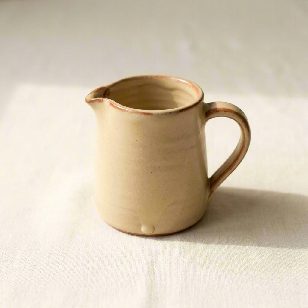 Small cream stoneware milk pitcher with pinched spout